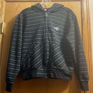 Kids Rusty Long Sleeve Zippered Striped Black Hoodie with Logo and Pockets